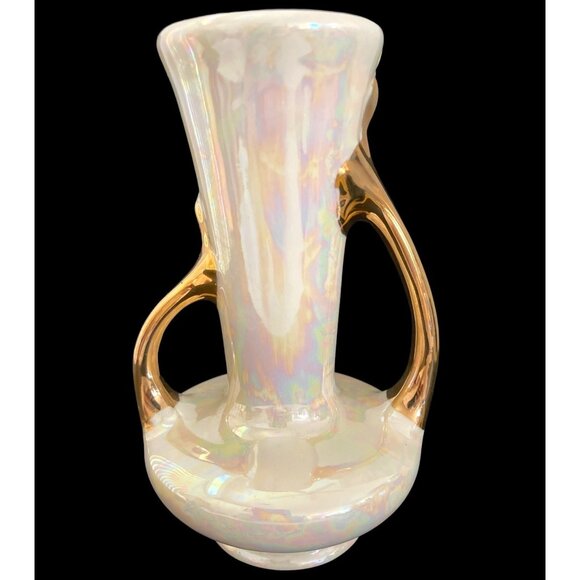 Lusterware Iridescent Pearl Porcelain Double Gold Handles Greek Vase Vintage MCM - Picture 1 of 11